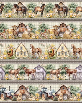 Tricoline estampa digital barrado fazenda  - CORTES 0,55m x 1,50m 