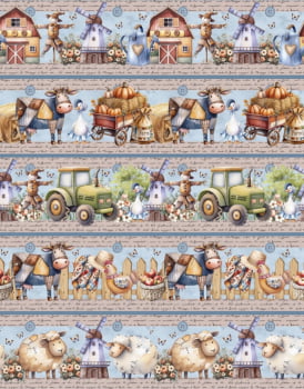 Tricoline estampa digital barrado farm patchwork  - CORTES 0,55m x 1,50m 