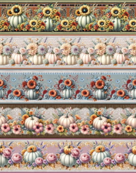 Tricoline estampa digital barrado abóboras florais  - CORTES 0,55m x 1,50m 