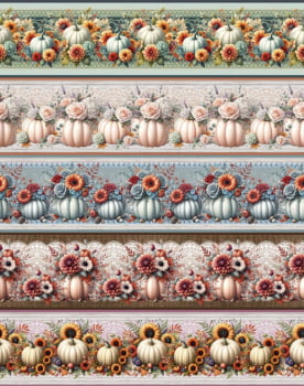 Tricoline estampa digital barrado abóboras florais  - CORTES 0,55m x 1,50m 