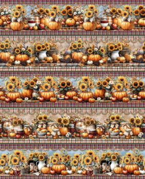 Tricoline estampa digital barrado abóboras com girassóis  - CORTES 0,55m x 1,50m 