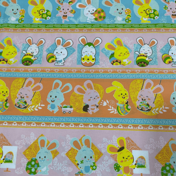 Tricoline estampado barrado coelhos simpáticos  - CORTES 0,55m x 1,50m