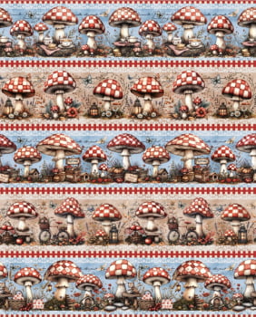 Tricoline estampa digital barrado cogumelos - CORTES 0,55m x 1,50m