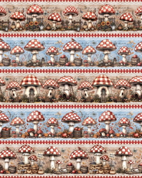 Tricoline estampa digital barrado cogumelos  - CORTES 0,55m x 1,50m 
