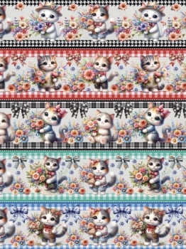 Tricoline estampa digital barrado gatinhos e flores - Dica para toalhas de banho 