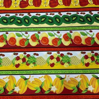 Tricoline estampado barrado kiwis e carambolas  - CORTES 0,55m x 1,50m