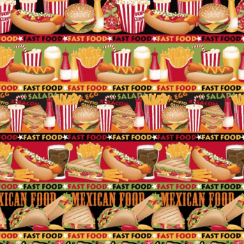 Tricoline estampado barrado fast food - CORTES 0,55m x 1,50m 