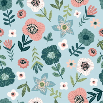 Tricoline estampado floral Amazônia fundo azul claro