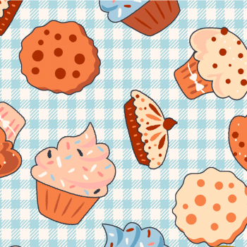 Tricoline estampado cupcakes e cookies fundo xadrez azul