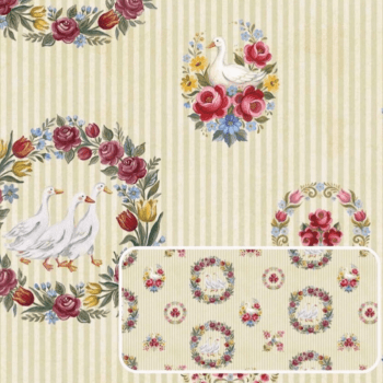 Tricoline estampa digital floral com gansos e listras 