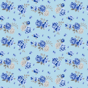 Tricoline estampado buquê de rosas fundo azul 