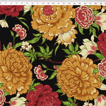 Tricoline estampado crisântemo com borboleta fundo preto 