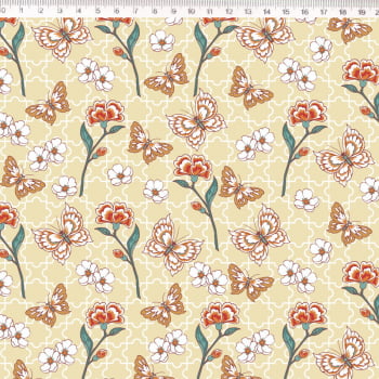 Tricoline estampado floral crisântemo fundo bege 