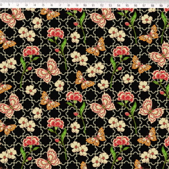 Tricoline estampado floral crisântemo fundo preto 