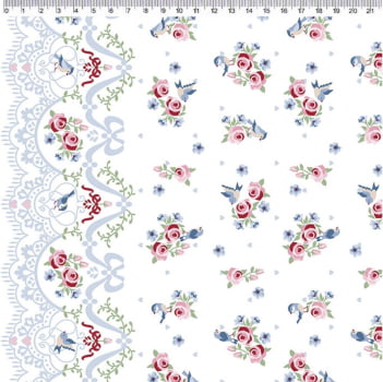 Tricoline estampa digital barrados de renda fundo branco 