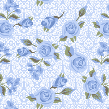 Tricoline estampado arabescos e rosas azul 
