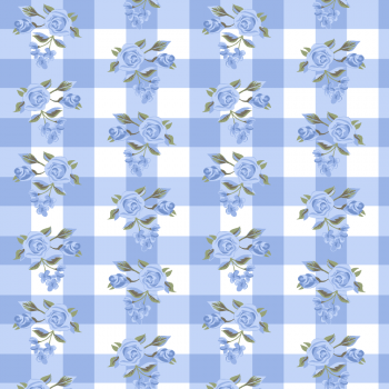 Tricoline estampado xadrez e rosas azul