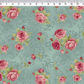 Tricoline estampa digital four seasons - rosas com arabesco fundo verde 