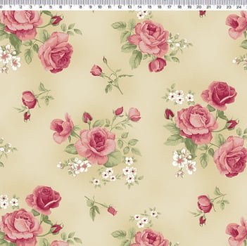 Tricoline estampa digital four seasons - rosas com fundo bege 