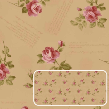 Tricoline estampa digital La vie en rose rosas com escritas bege