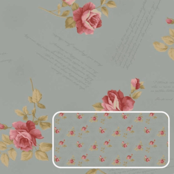 Tricoline estampa digital La Vie en rose rosas com escritas cinza 