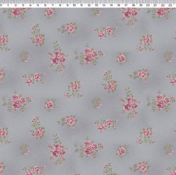 Tricoline estampa digital La vie en rose - rosas pequenas cinza