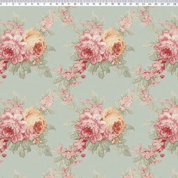 Tricoline estampado Secret garden rosas grandes com fundo verde