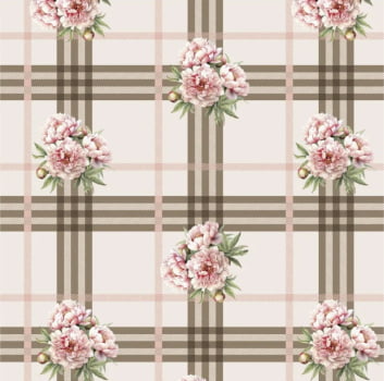 Tricoline estampa digital xadrez com flores fundo bege 