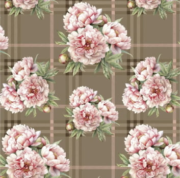 Tricoline estampa digital xadrez com flores fundo marrom 