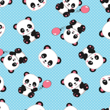 Tricoline estampado panda fundo azul claro 
