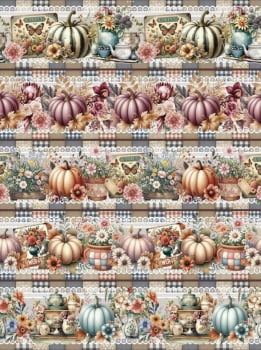 Tricoline estampa digital barrado abóboras extraordinárias - CORTES 0,55m x 1,50m