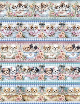 Tricoline estampa digital barrado cachorrinhos relaxando - CORTES 0,55m x 1,50m 