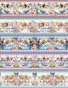 Tricoline estampa digital barrado cachorrinhos relaxando - CORTES 0,55m x 1,50m 