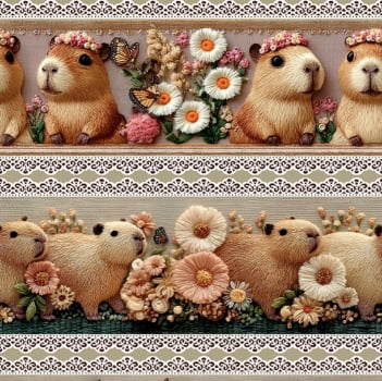 Tricoline estampa digital barrado capivara floral  - CORTES 0,55m x 1,50m