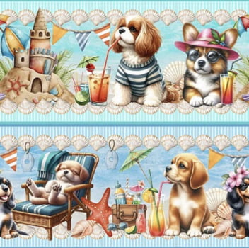 Tricoline estampa digital barrado dogs de verão - CORTES 0,55m x 1,50m 