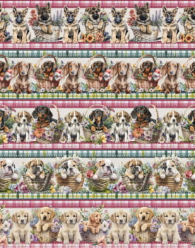 Tricoline estampa digital barrado doguinhos lindos - CORTES 0,55m x 1,50m 