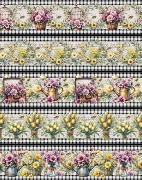 Tricoline estampa digital barrado florista - CORTES 0,55m x 1,50m 