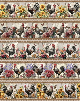 Tricoline estampa digital barrado galos e flores - CORTES 0,55m x 1,50m