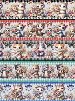 Tricoline estampa digital barrado gatinhos e flores - CORTES 0,55m x 1,50m