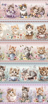 Tricoline estampa digital barrado gatinhos fofos - CORTES 0,55m x 1,50m  