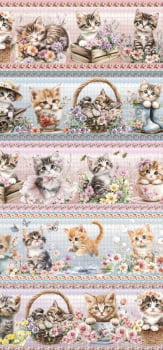 Tricoline estampa digital barrado gatinhos fofos - CORTES 0,55m x 1,50m
