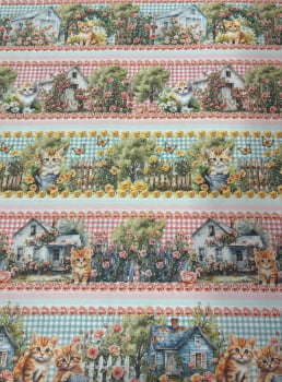 Tricoline estampa digital barrado gatinhos na cerca - CORTES 0,55m x 1,50m 