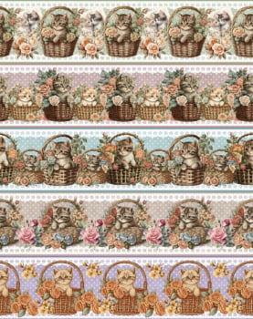 Tricoline estampa digital barrado gatos na cestinha - CORTES 0,55m x 1,50m  