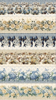 Tricoline estampa digital barrado laços e flores - CORTES 0,55m x 1,50m 