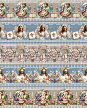 Tricoline estampa digital barrado família de Nazaré - CORTES 0,55m x 1,50m