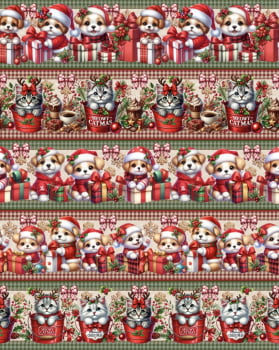Tricoline estampa digital barrado pets prontos para o natal - CORTES 0,55m x 1,50m