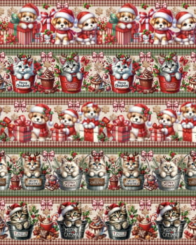 Tricoline estampa digital barrado pets prontos para o natal - CORTES 0,55m x 1,50m