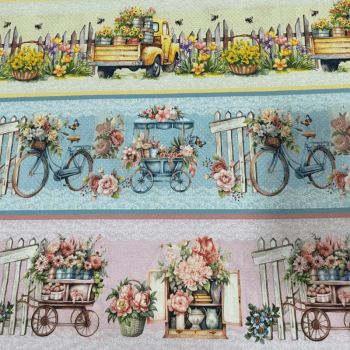 Tricoline estampa digital barrado bike and flowers