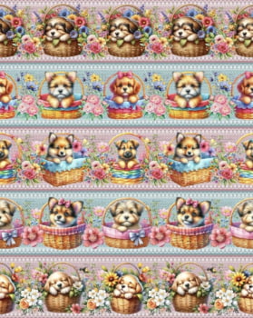 Tricoline estampa digital barrado cachorrinhos no balaio