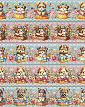Tricoline estampa digital barrado cachorrinhos no balaio